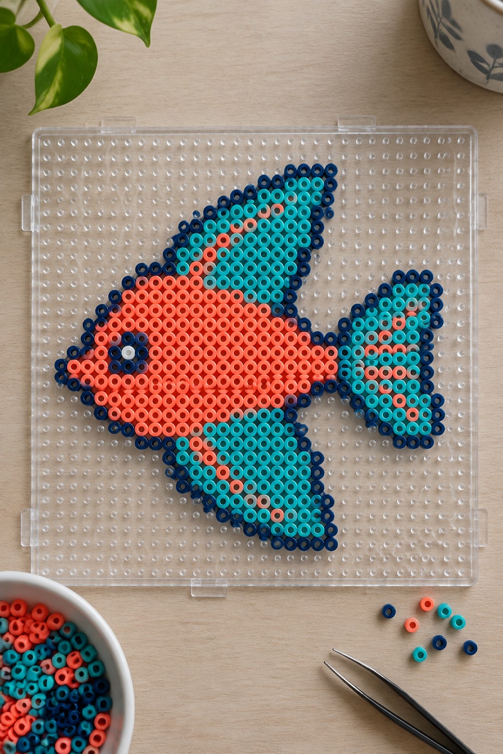 Colorful perler bead fish on clear pegboard with orange blue turquoise beads and supplies