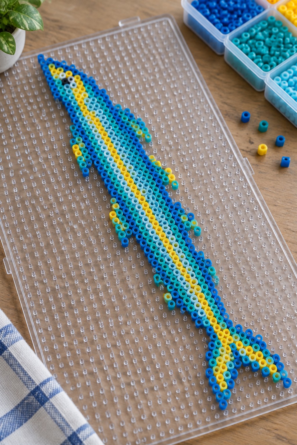 Blue and yellow perler bead fish on clear pegboard with bead containers nearby