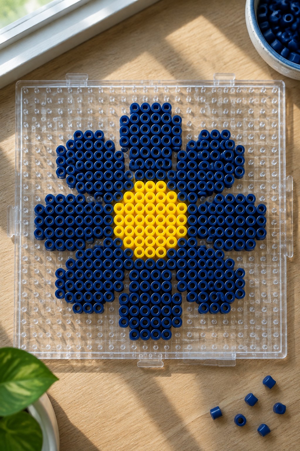Blue and yellow perler beads forming a flower on clear pegboard.