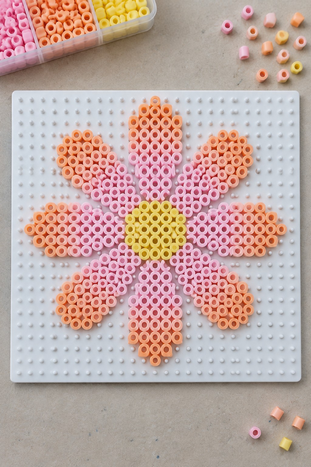 Perler beads forming a pink-orange flower with yellow center on pegboard.