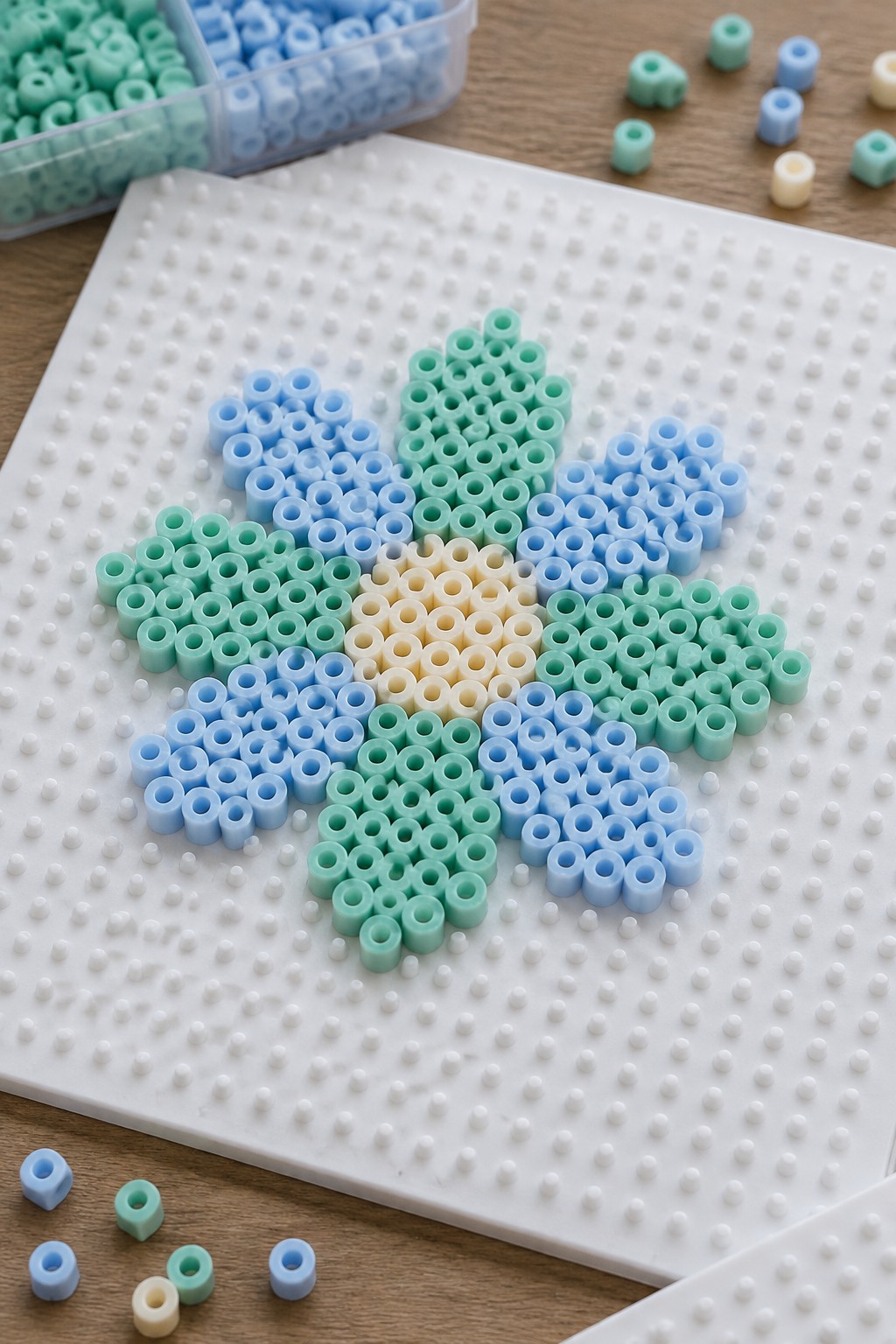 Pastel blue, green, and cream beads forming a flower on a white pegboard.