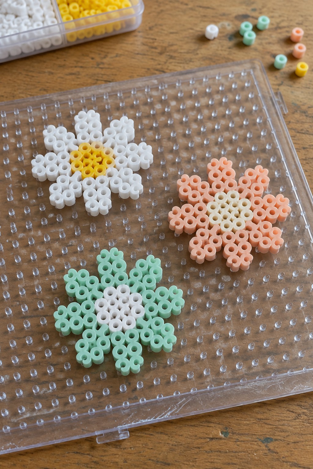 Perler beads forming daisy, peach flower, and green clover on clear pegboard