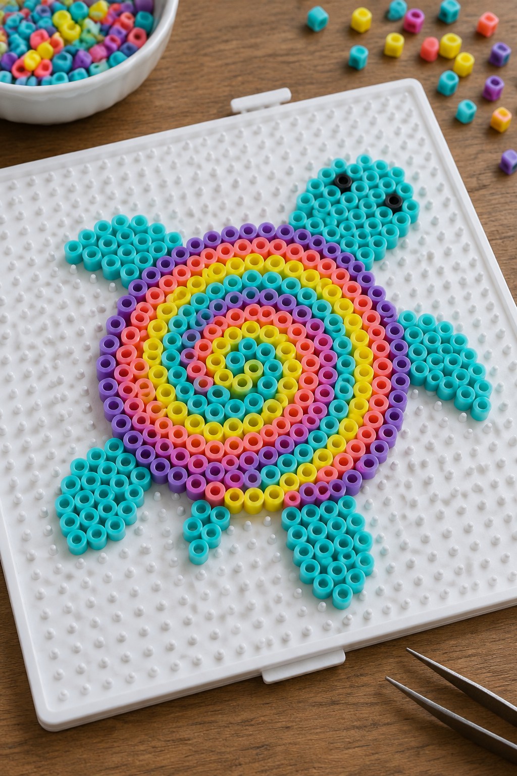 Rainbow beaded turtle on white pegboard with scattered beads and tweezers on wood