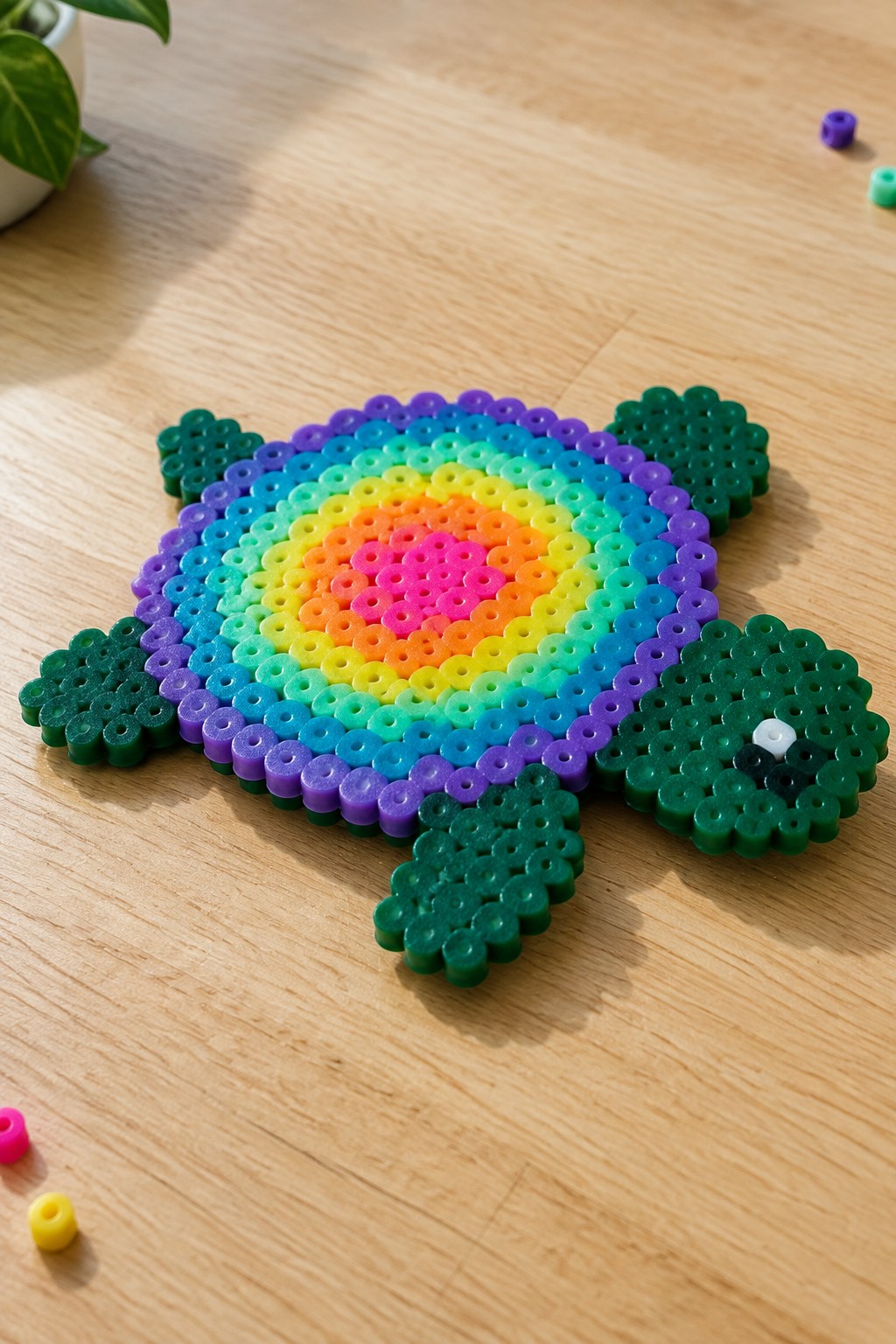 Rainbow turtle Perler bead pattern on a pegboard with concentric pink-to-purple shell and dark green head and flippers.