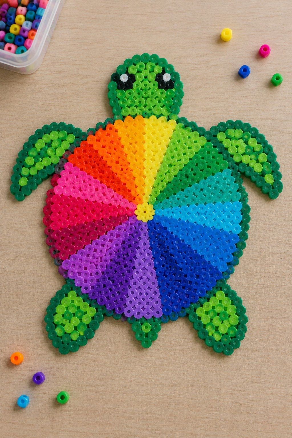 Unfused Perler beads forming a turtle with a rainbow segmented shell on a pegboard.