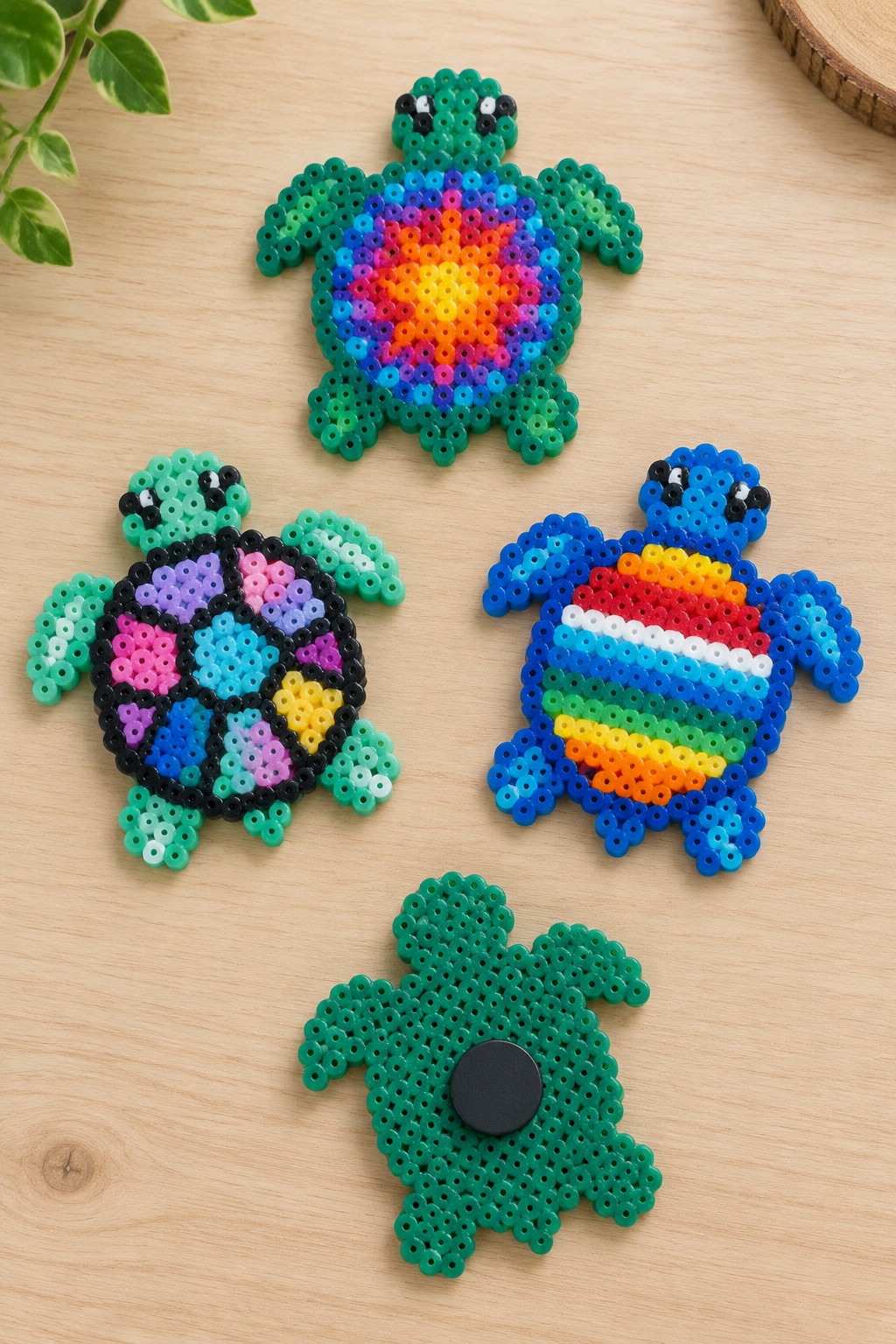 Five colorful perler bead turtles with rainbow patterns on wood surface