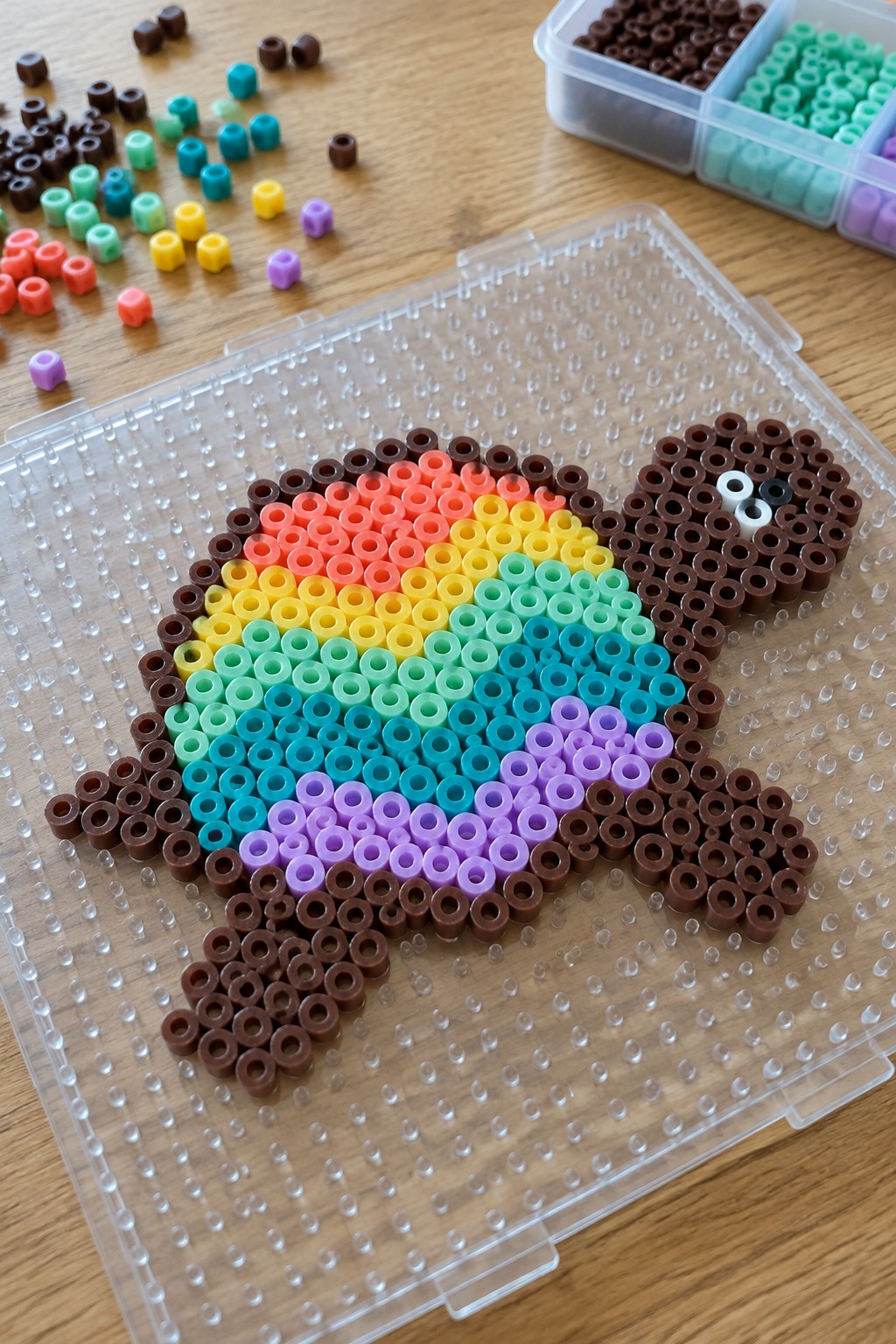 Rainbow perler bead turtle with colorful shell on pegboard amid loose beads and organizer