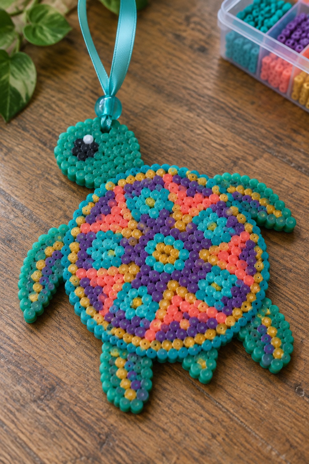 Colorful perler bead turtle ornament with patterned shell hanging from turquoise ribbon