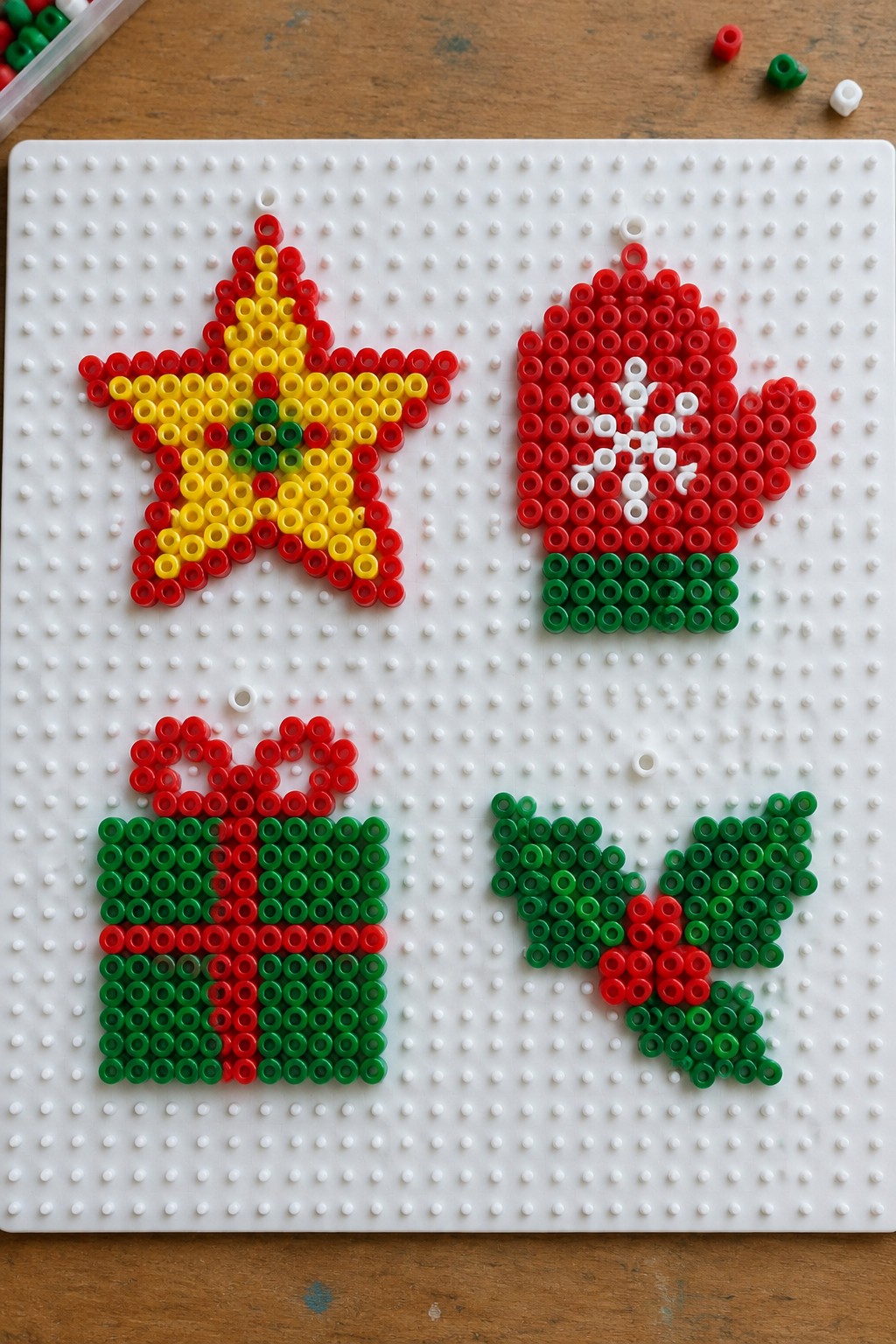 Perler beads forming red-green Christmas star, mitten, gift, and holly on pegboard