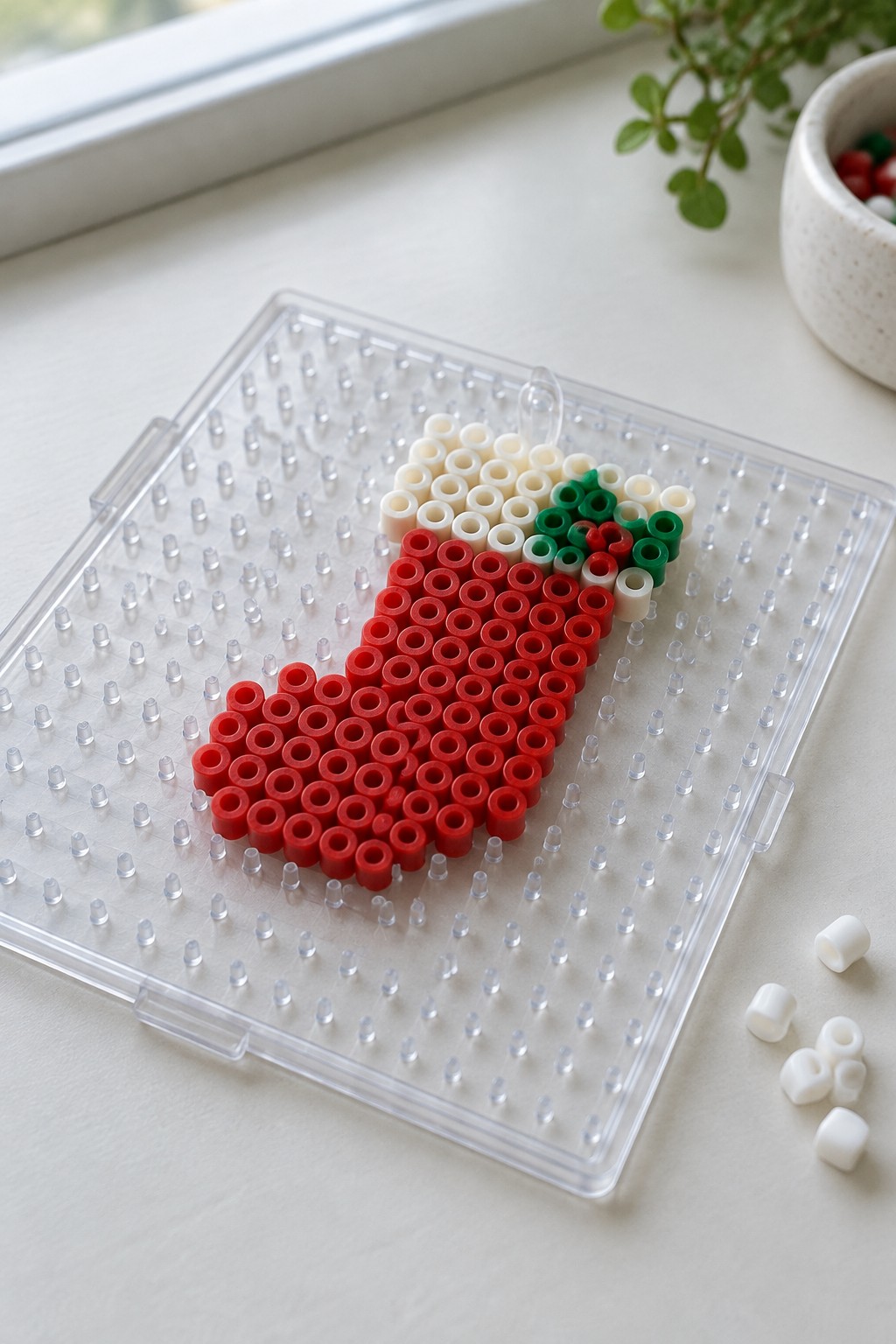 Red perler bead Christmas stocking with white and green cuff on clear pegboard.