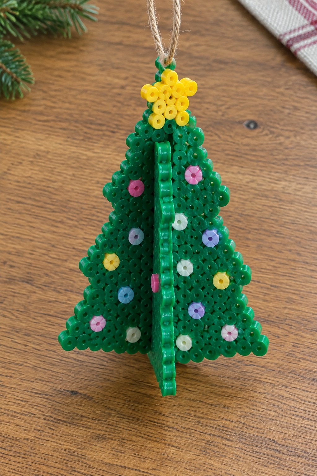 Green beaded Christmas tree ornament with yellow star and colorful accents on wood.