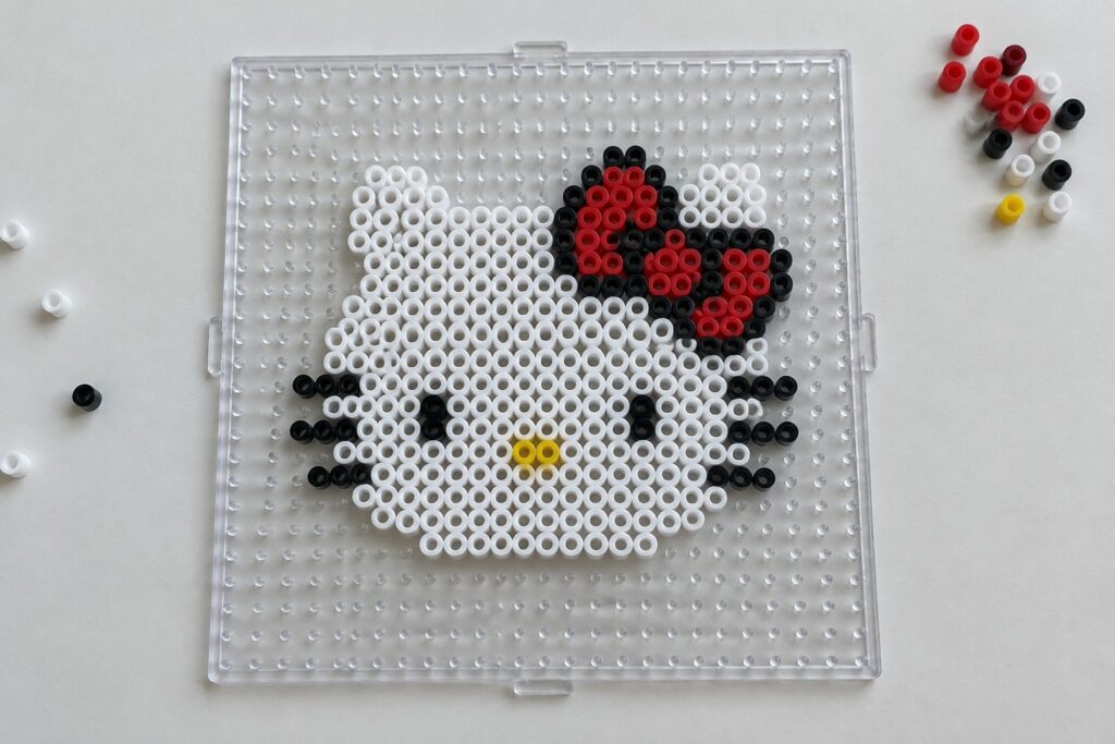 Perler beads forming Hello Kitty face on clear pegboard with scattered loose beads nearby.