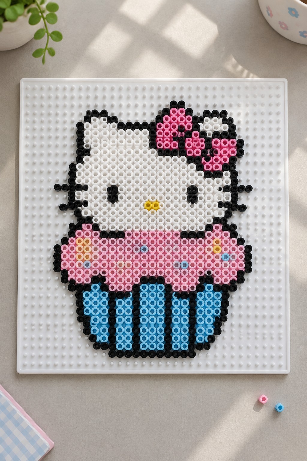 Hello Kitty perler bead art as pink cupcake on white pegboard