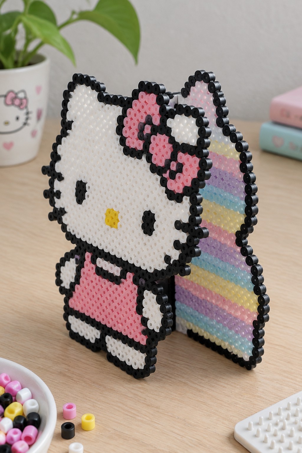Hello Kitty Perler bead figure with pink bow, dress, and rainbow stripes