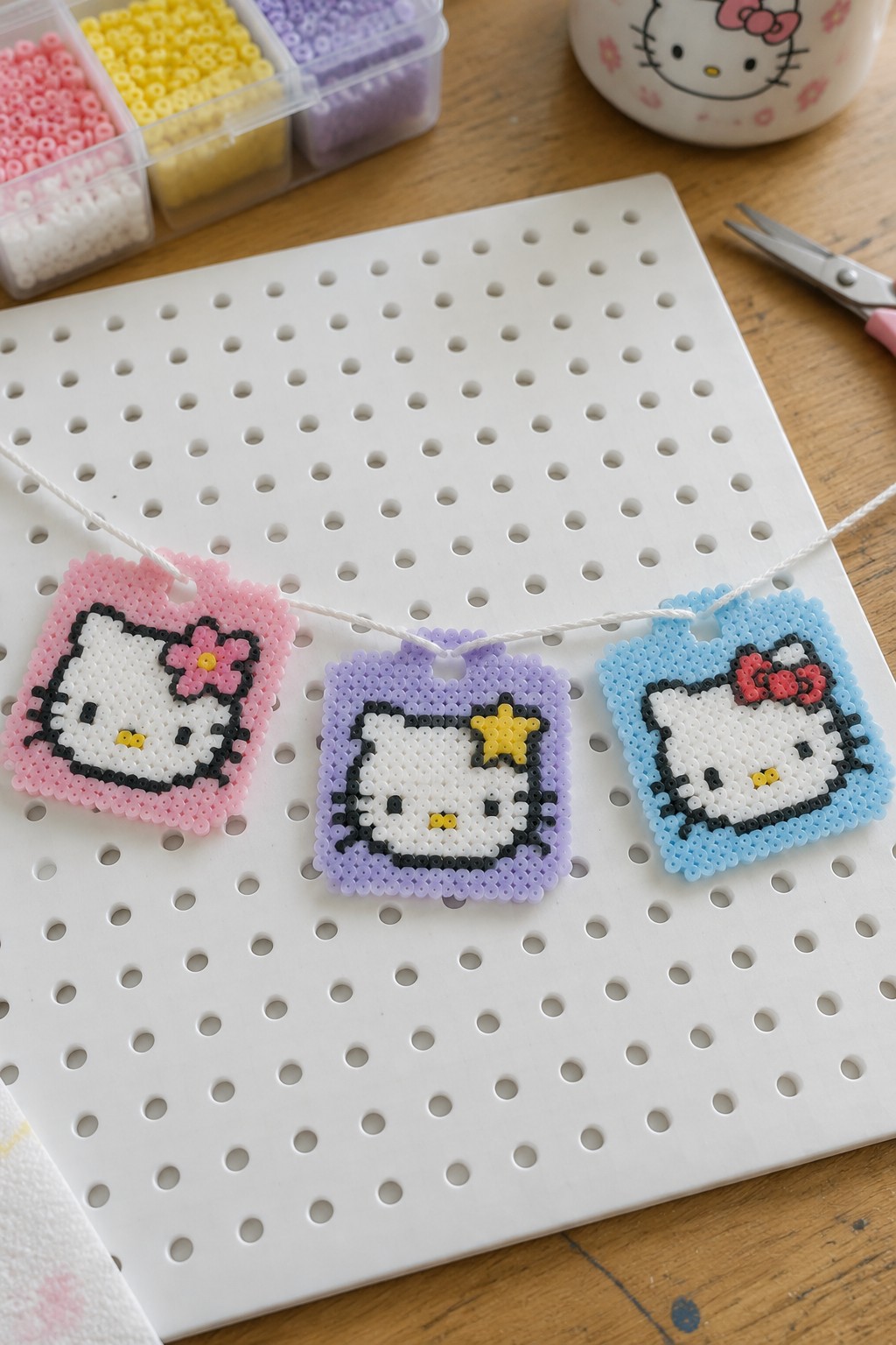 Three Hello Kitty perler bead squares in pink, purple, and blue on a pegboard.