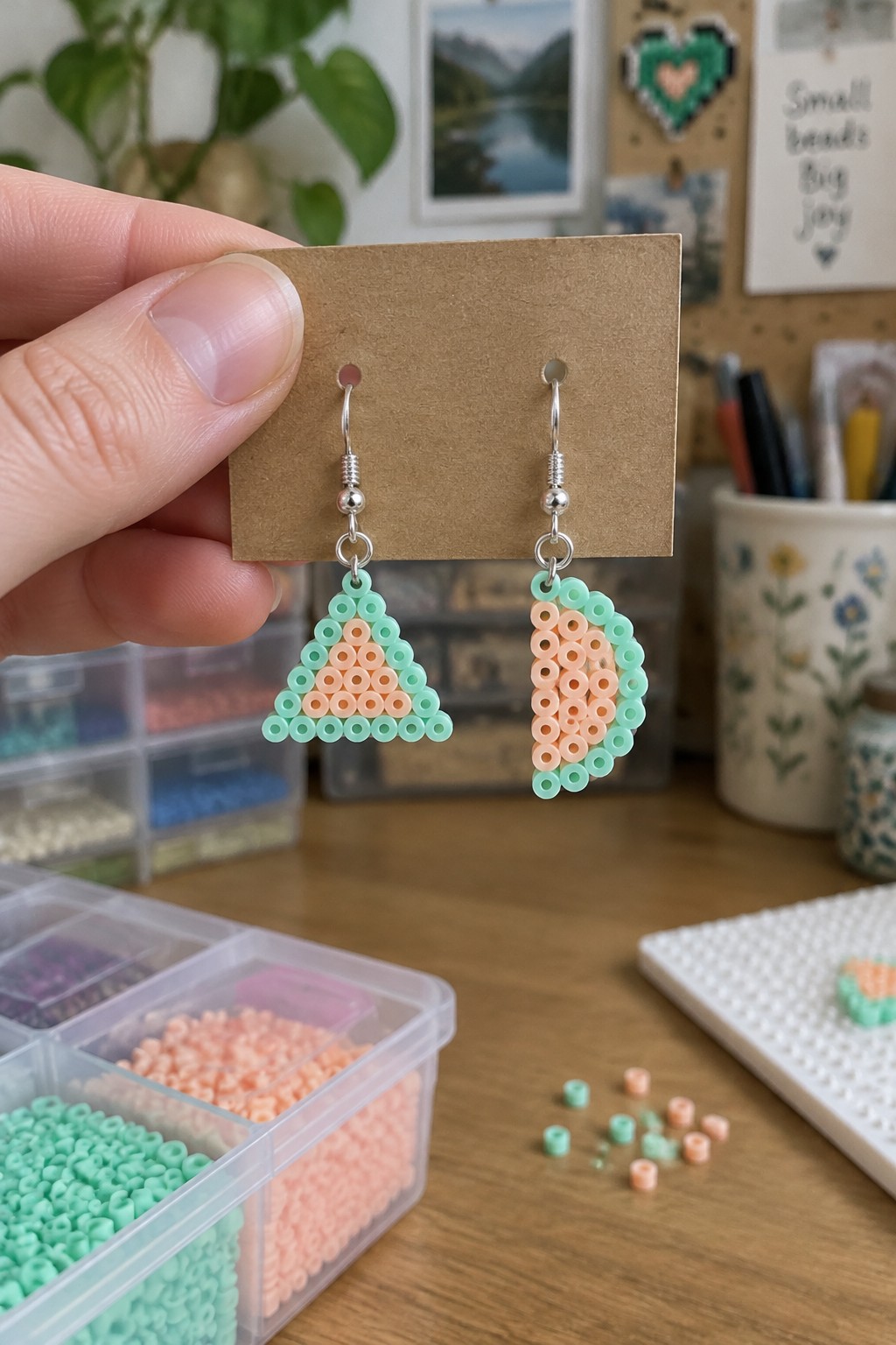 Two pairs of Perler bead earrings in mint green and peach showing a triangle design and a rounded drop design on silver hooks.