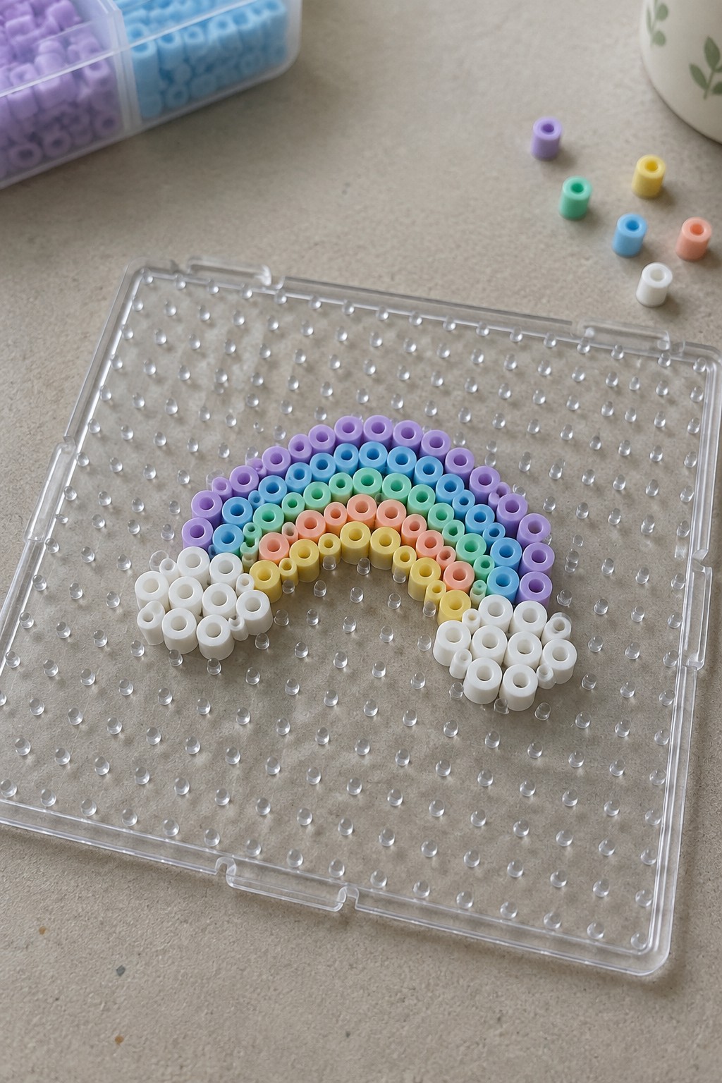 Rainbow Perler beads with white clouds on clear plastic pegboard craft project