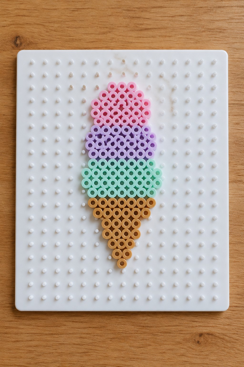 Layered pink, purple, mint, and brown perler bead ice cream cone on white pegboard.
