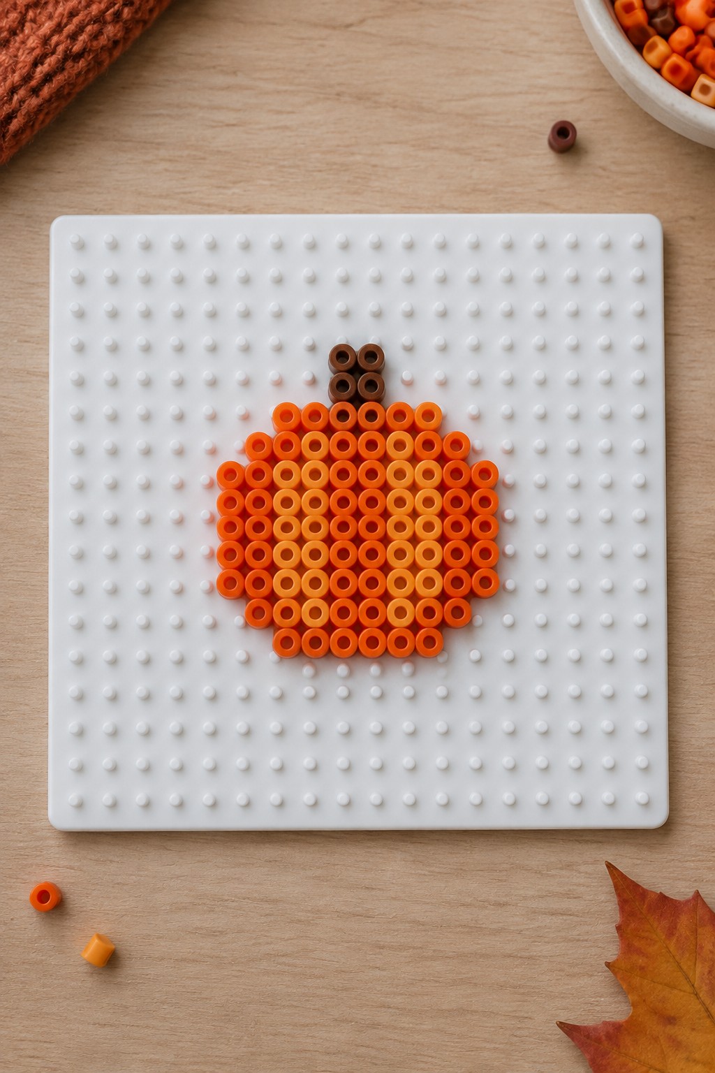 Orange perler bead pumpkin with brown stem on white pegboard, autumn leaf nearby.