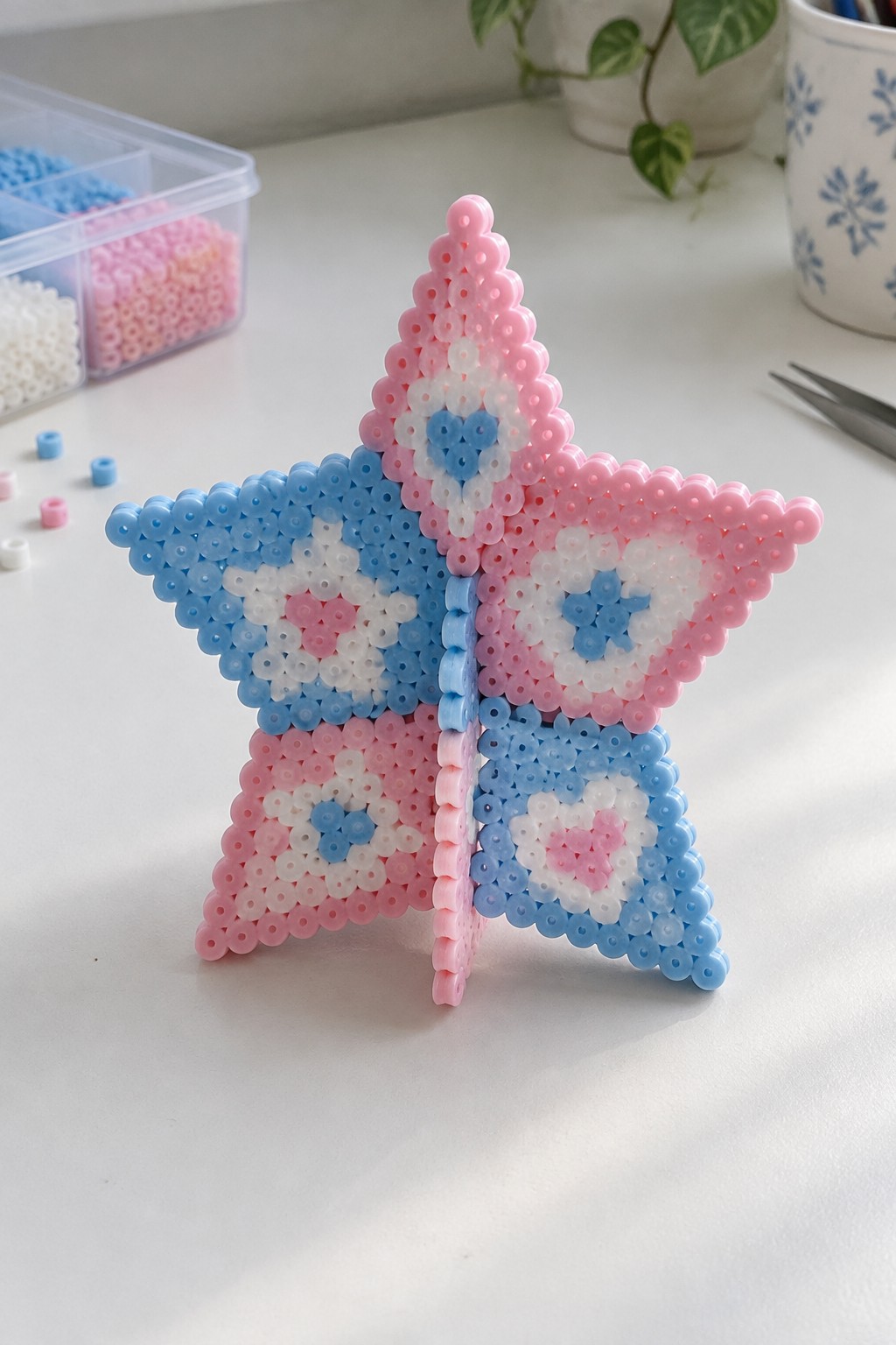 Pink and blue perler bead star with heart and flower patterns on white table