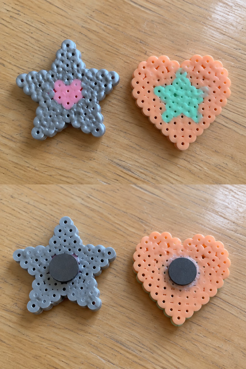 Gray star and orange heart perler bead magnets shown front and back on wood