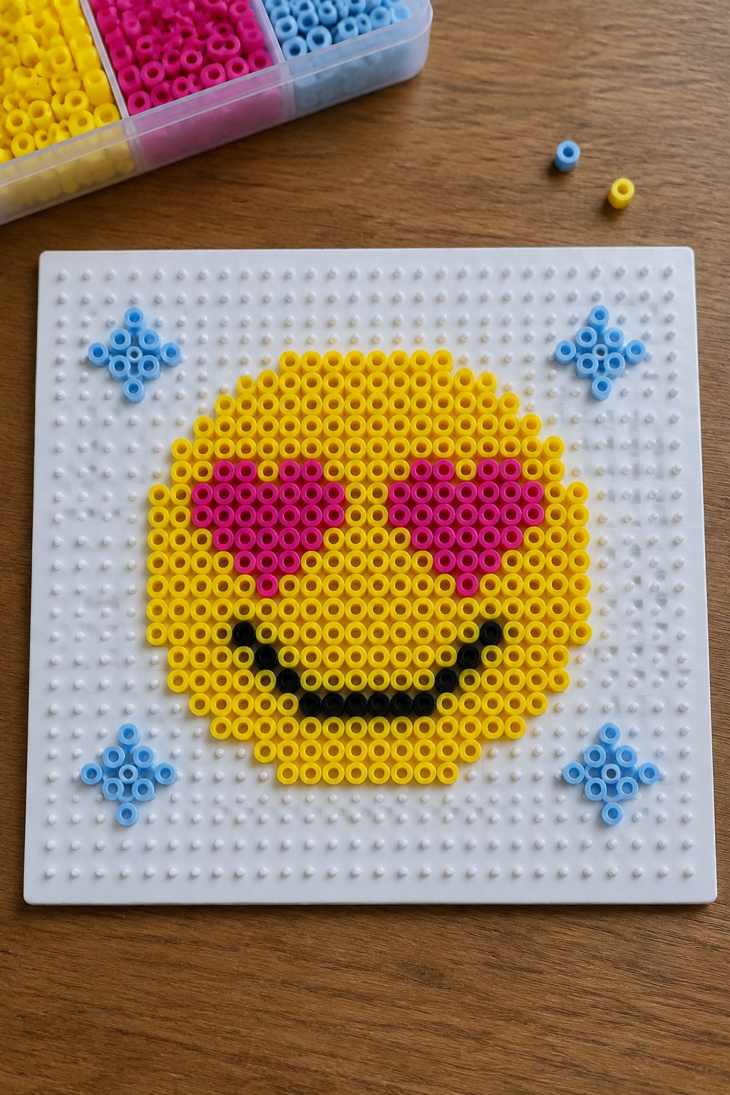Yellow smiley face perler beads with pink hearts, black mouth, blue stars on pegboard