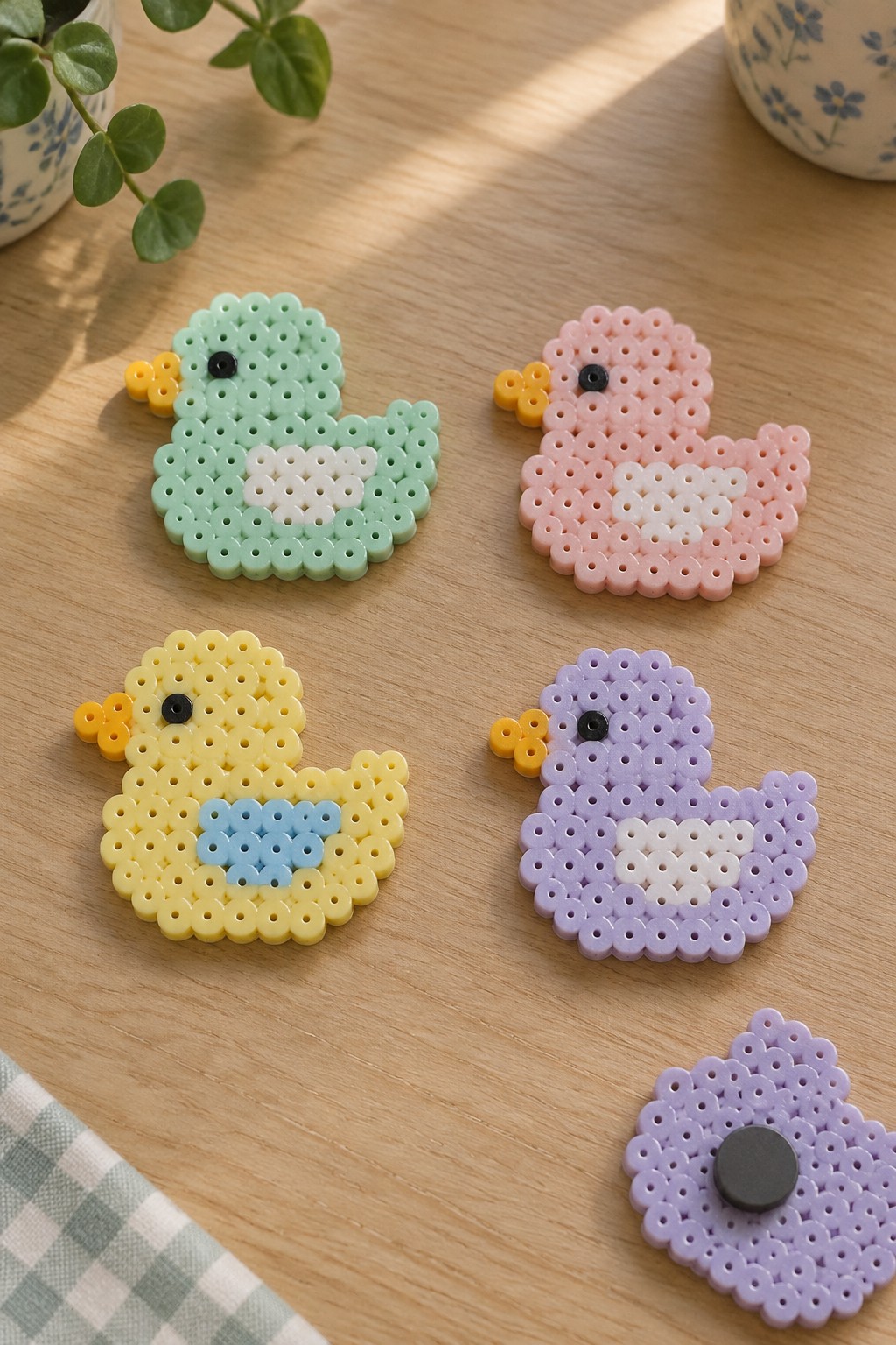 Pastel perler bead ducks and purple magnet on wooden table with plants.