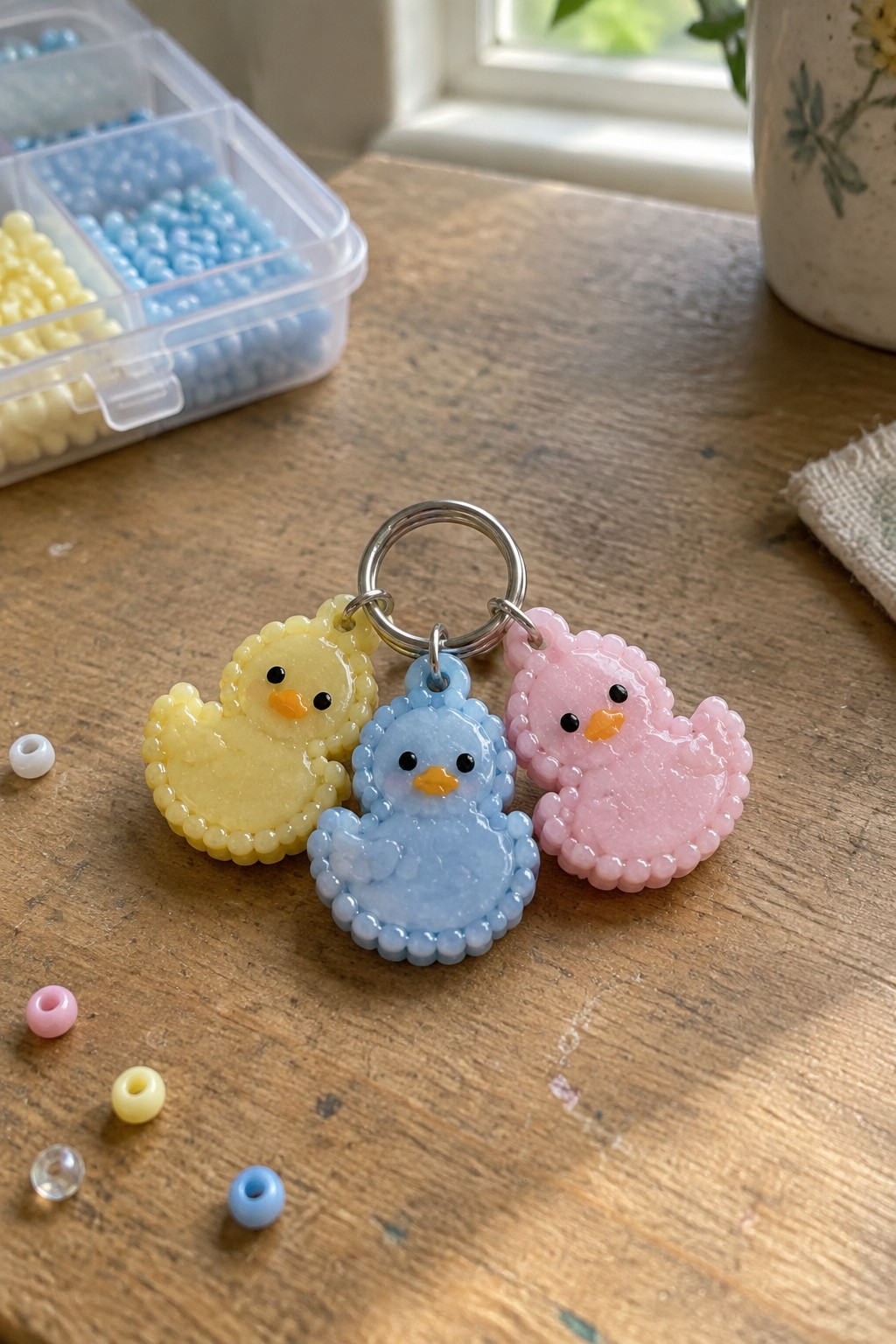 Three pastel duck keychains in yellow, blue, and pink on metal ring