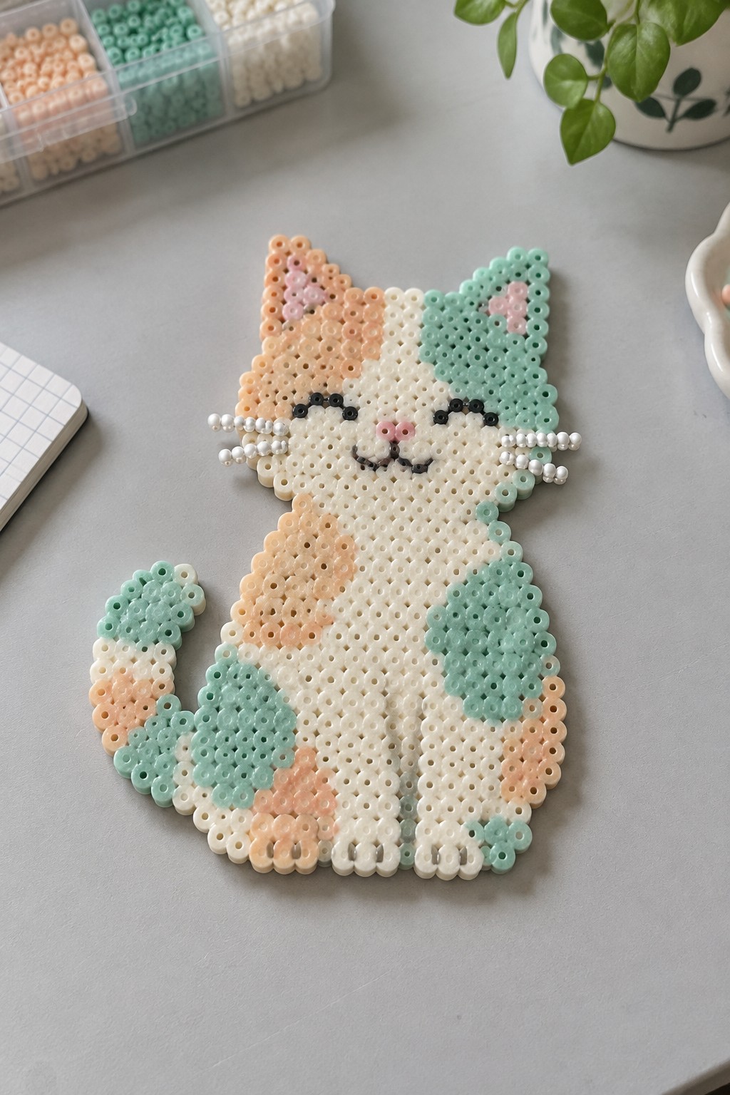 Perler bead calico cat with closed eyes, peach and mint green patches, and white whiskers on a pegboard.