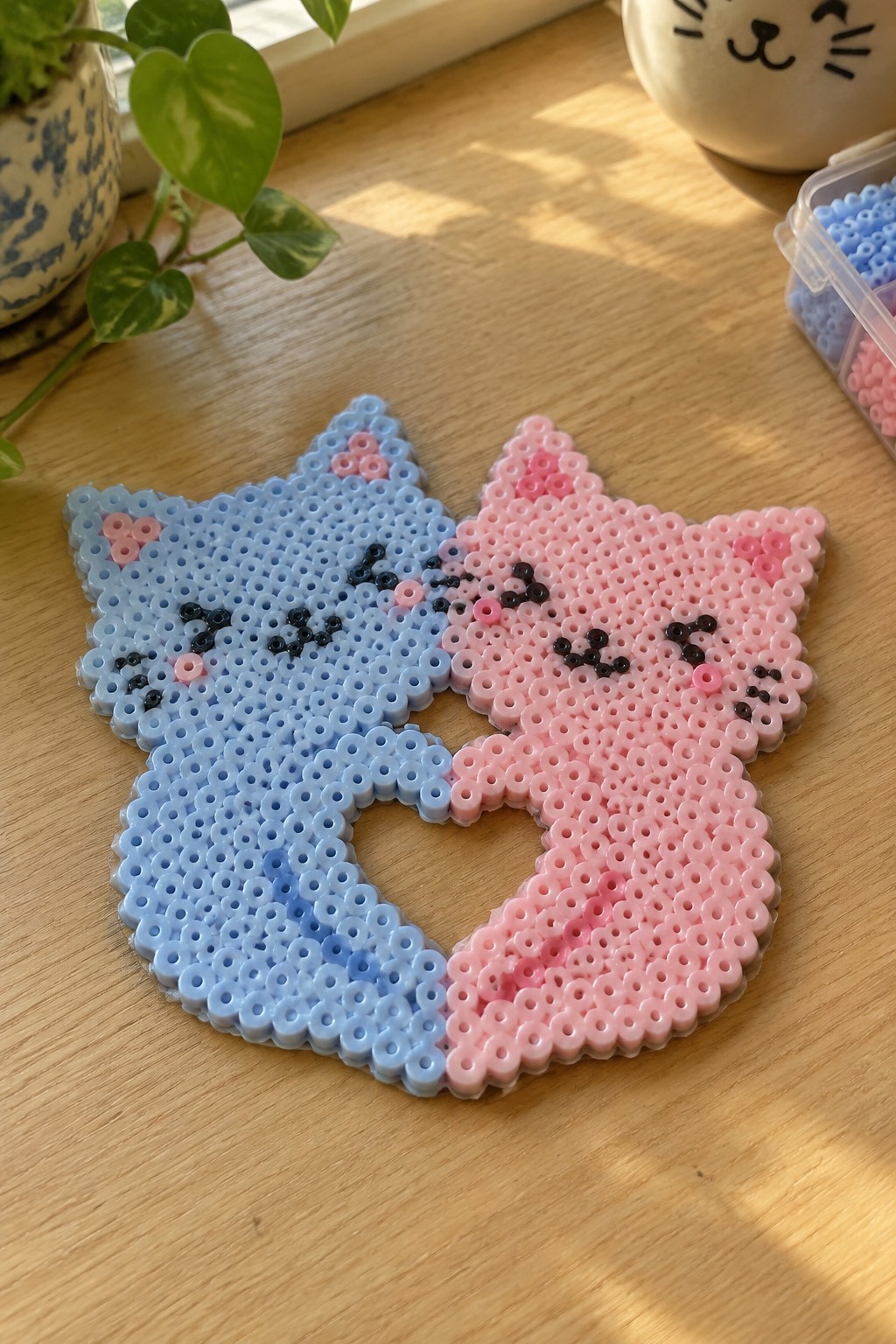 Blue and pink perler bead cats nuzzling to form a heart shape