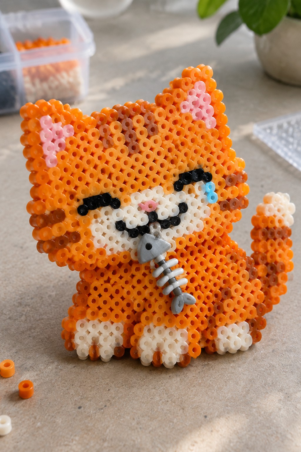 Orange Perler bead cat with white face, closed black eyes, pink nose, and gray fish skeleton held in its paws.