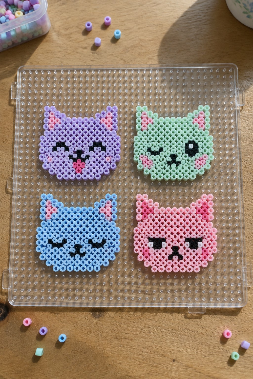 Four colorful perler bead cat faces on a clear pegboard with loose beads.