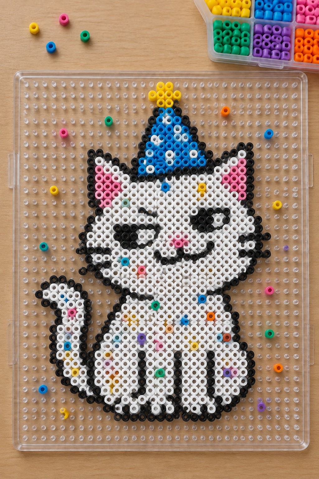 Perler bead cat with blue party hat on clear pegboard amid scattered colorful beads