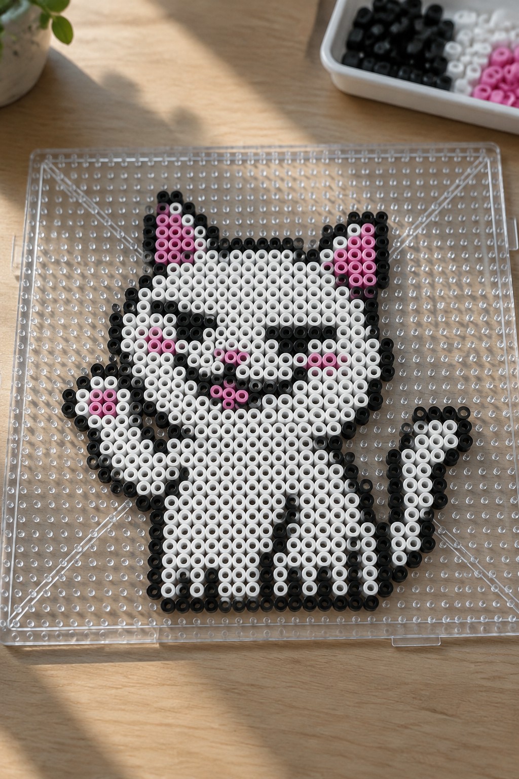 Black and white perler bead cat with pink accents on clear pegboard beside bead tray