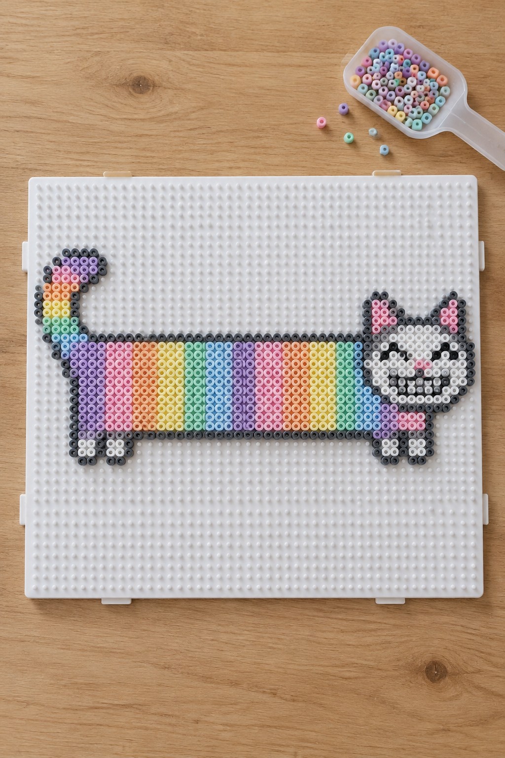 Rainbow perler bead cat on white pegboard beside colorful bead scoop