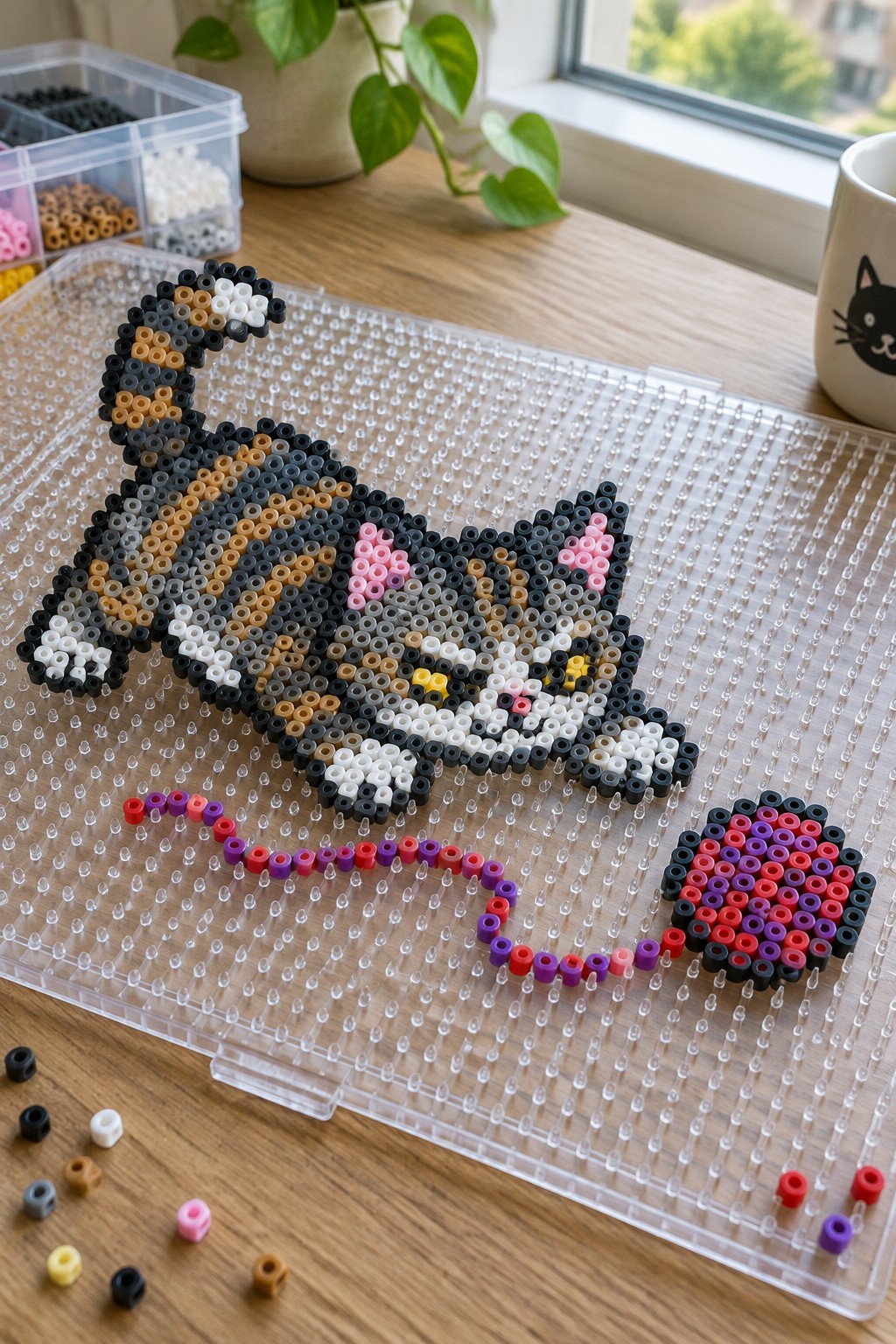 Perler bead cat with pink ears beside colorful yarn ball on pegboard