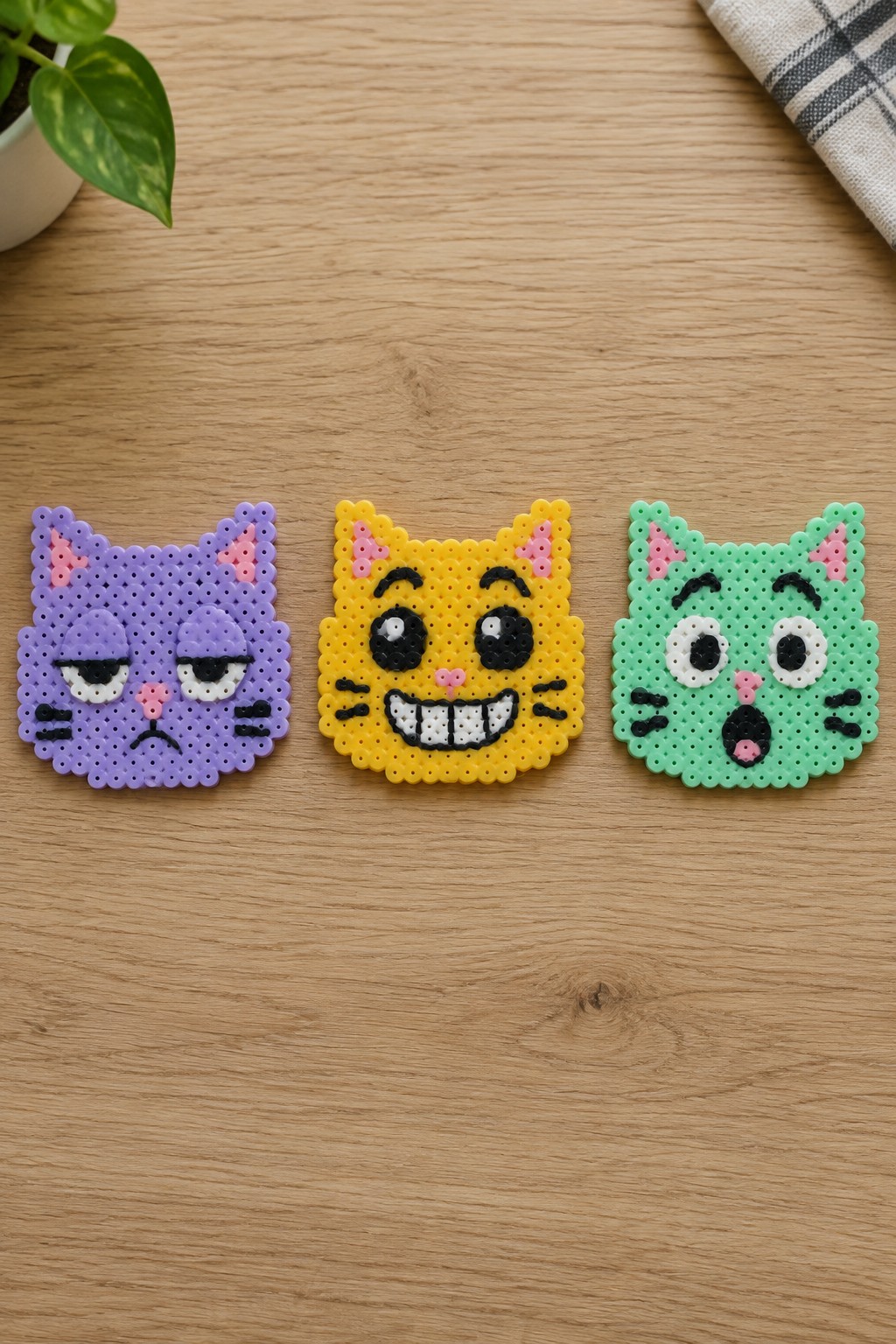 Three unfused Perler bead cat faces in purple, yellow, and mint green with different expressions on a wooden surface.