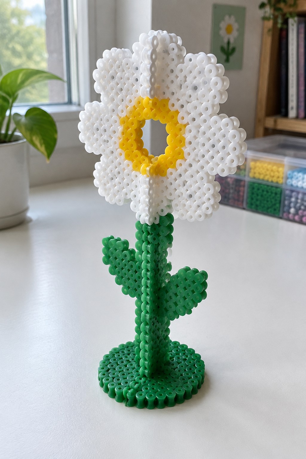 Perler bead daisy with white petals, yellow center, green stem, and base