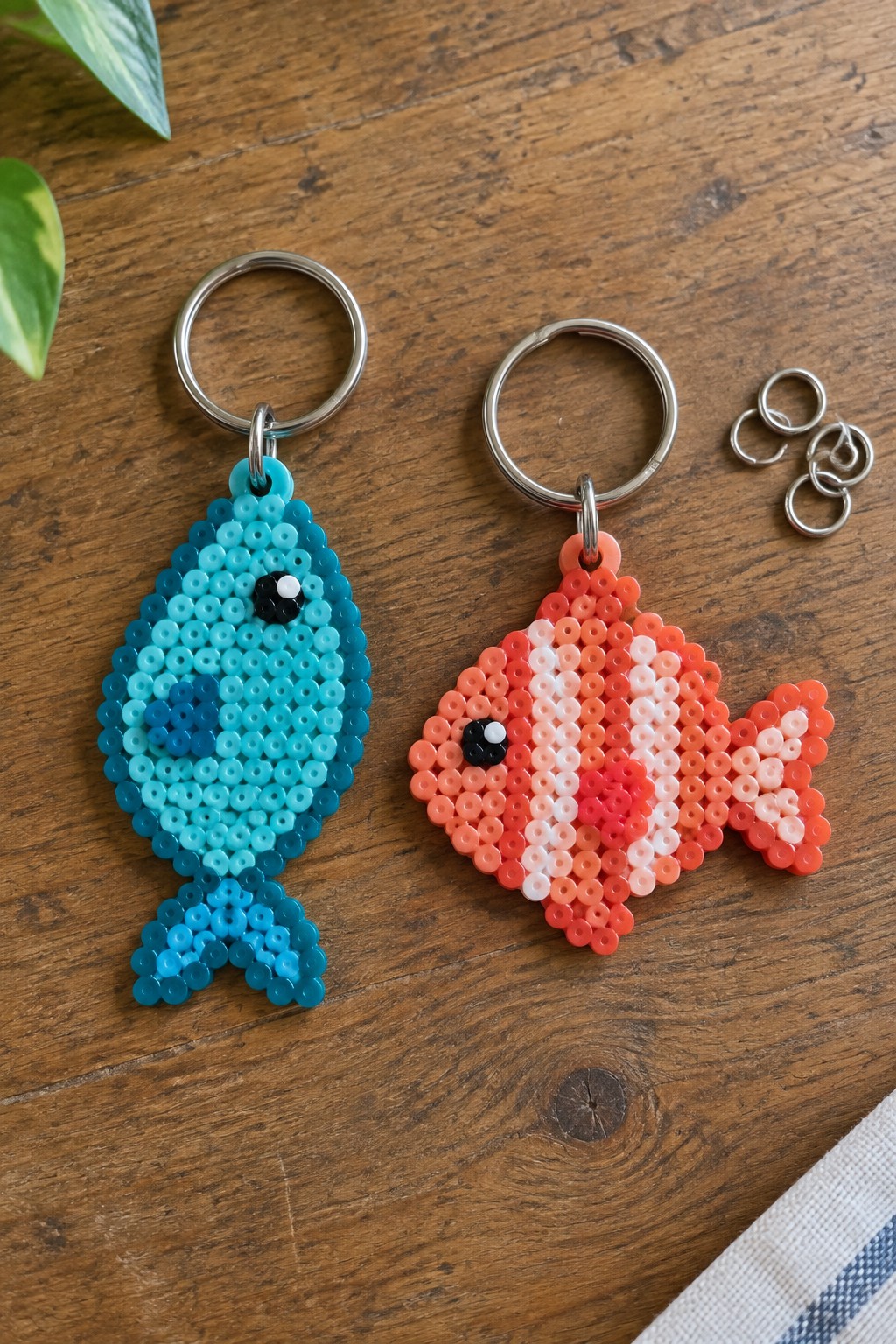Two perler bead fish keychains, blue and orange, with metal rings on wood.