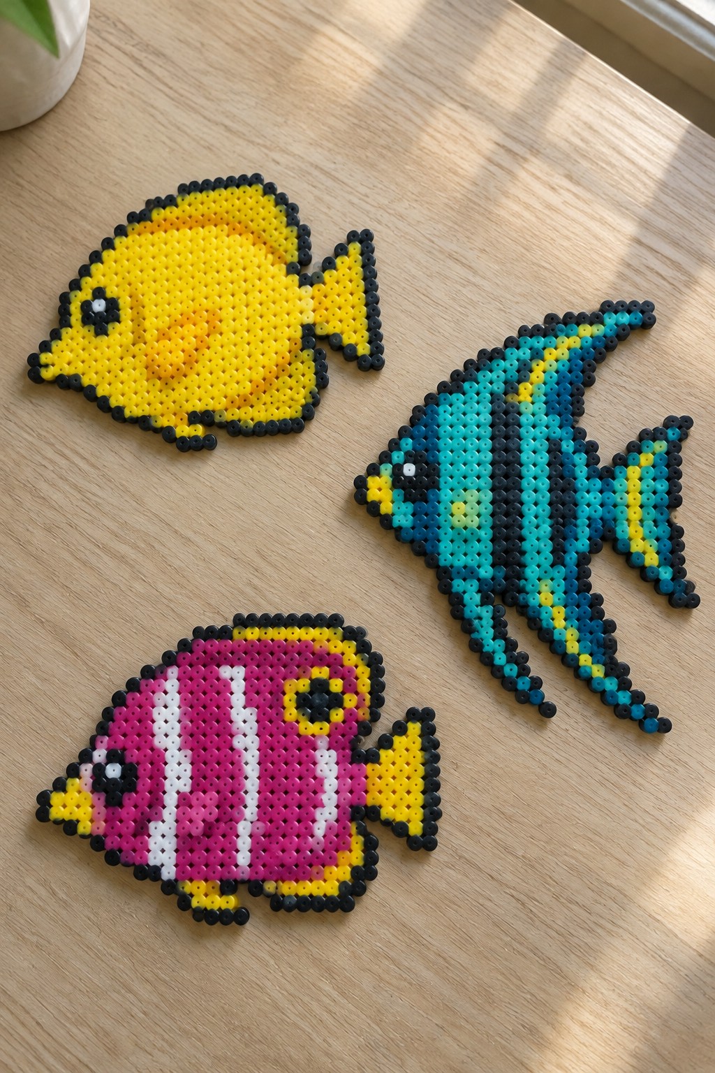 Three colorful perler bead fish in yellow, pink, and blue on wooden table