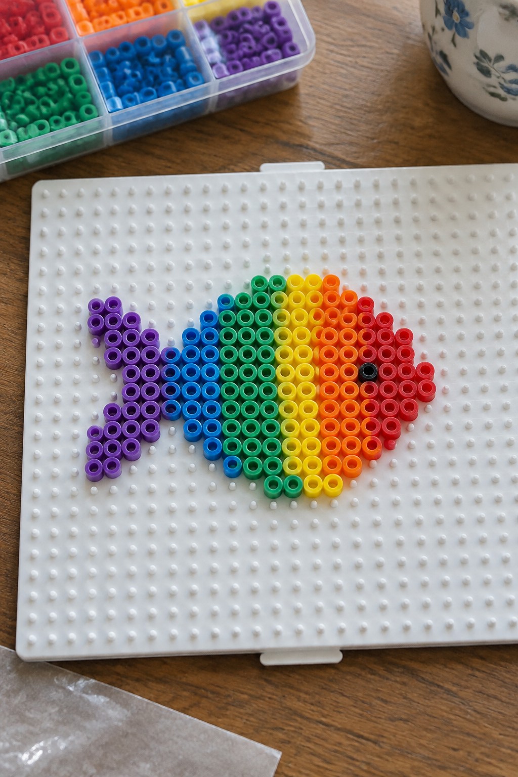 Rainbow perler bead fish on white pegboard with colorful bead organizer nearby