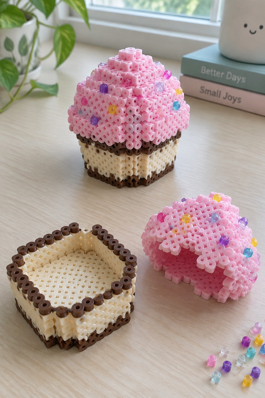 Pink Perler bead cupcakes with sprinkles on wooden table beside books