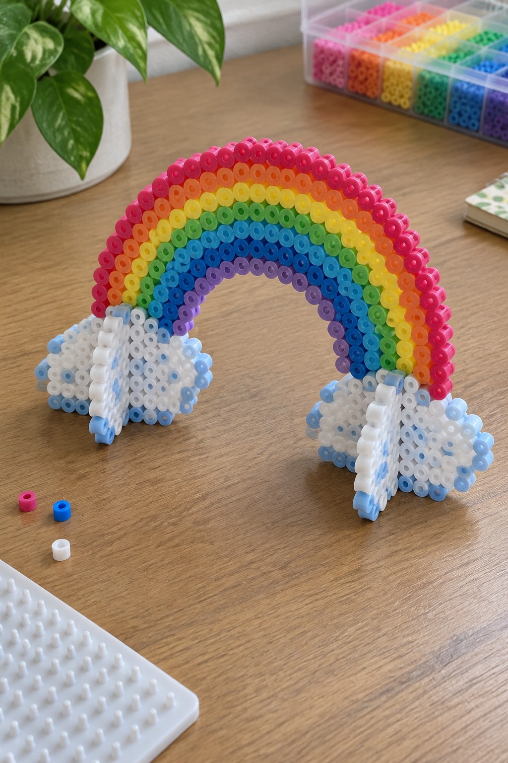 Colorful perler bead rainbow with clouds on wooden table amid craft supplies