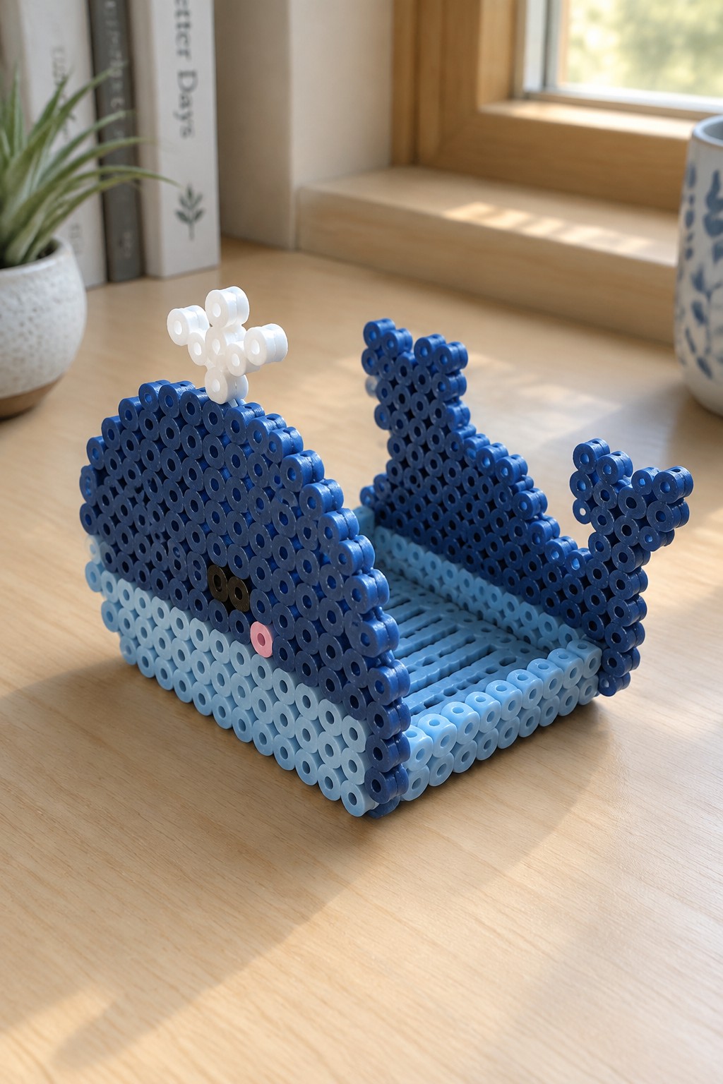 Blue perler bead whale with white spout on wooden table