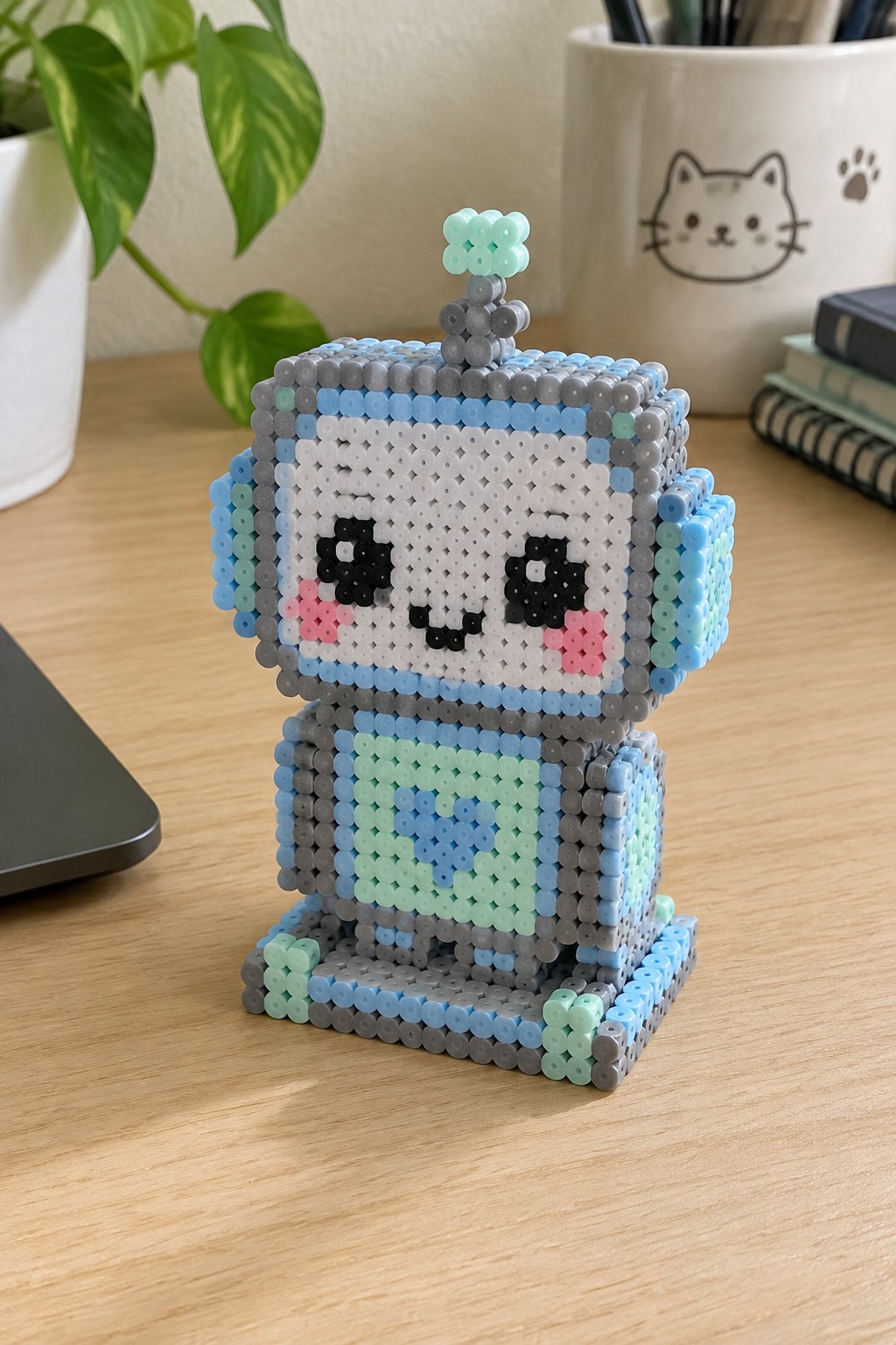 Cute perler bead robot with pink cheeks and heart on wooden desk