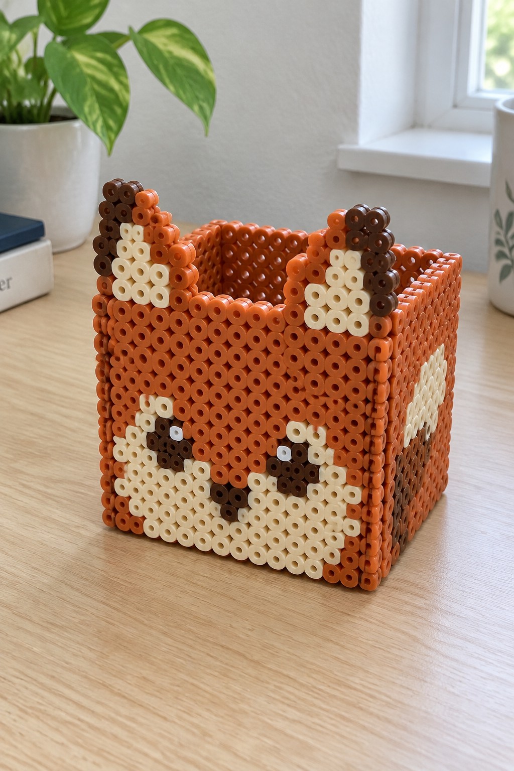 Fox-shaped perler bead basket in orange, brown, and white on wooden table