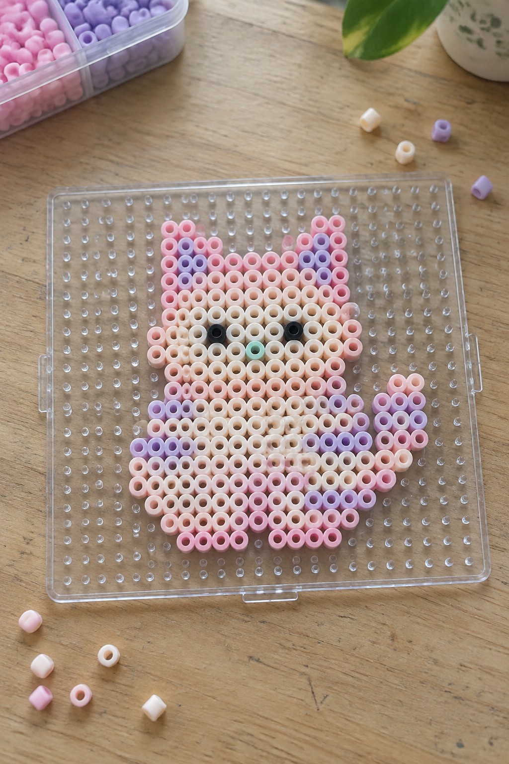 Pastel pink and purple perler bead cat on clear pegboard over wood.