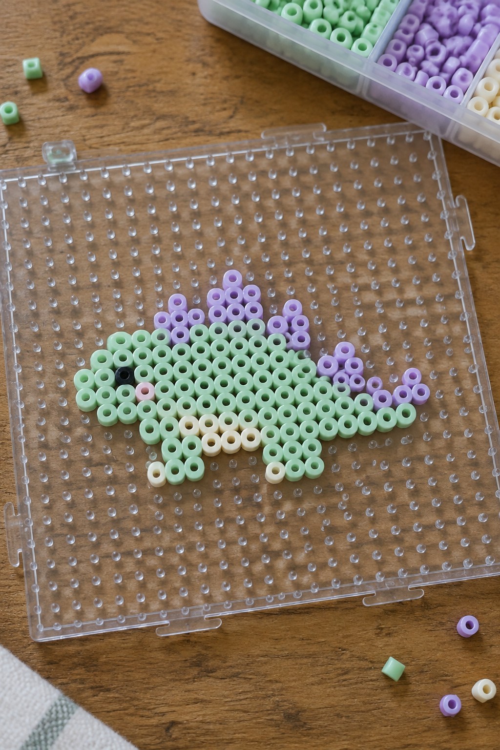 Pastel perler beads forming a fish on clear pegboard with bead organizer nearby.