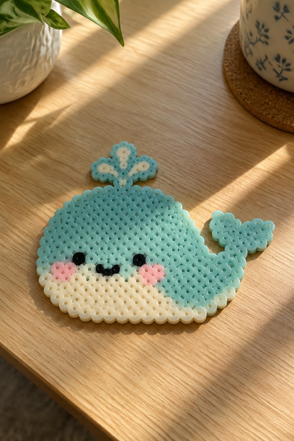Adorable perler bead whale with turquoise body, white belly, and pink cheeks on wood.