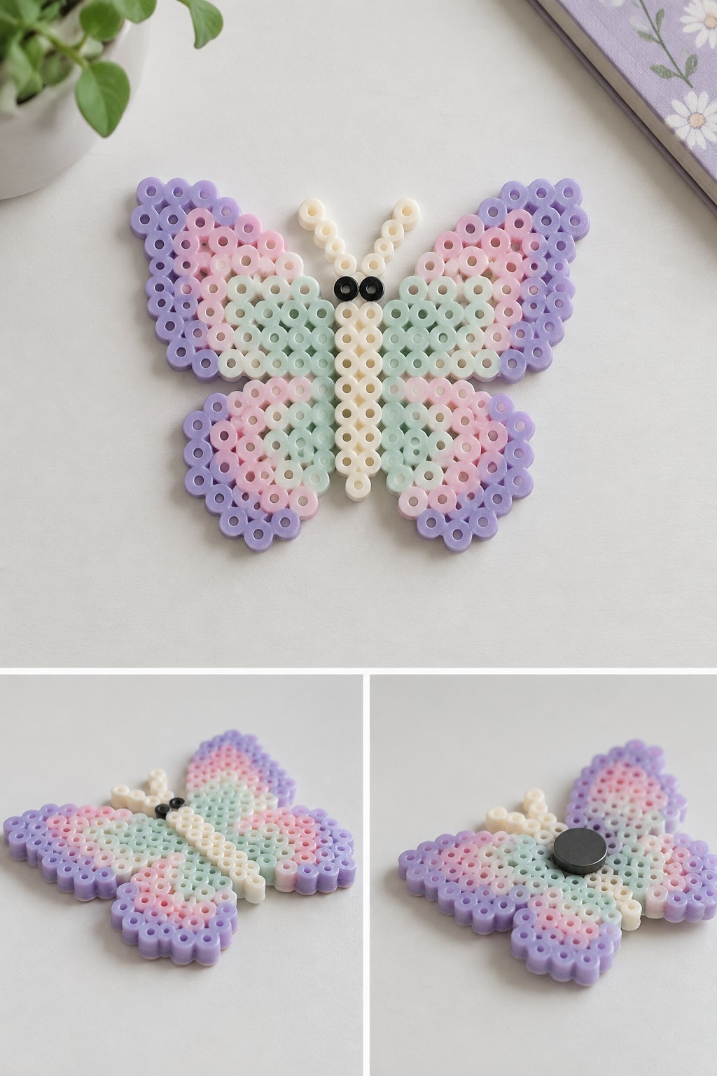 Pastel perler bead butterfly shown front, angled, and back with magnet.